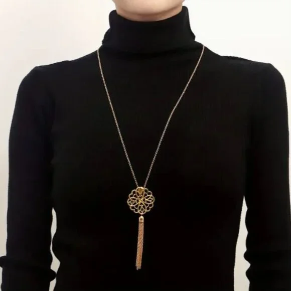 NEW Gold Lotus Flower Mandela Tassle Long Pendant Necklace - Picture 3 of 5